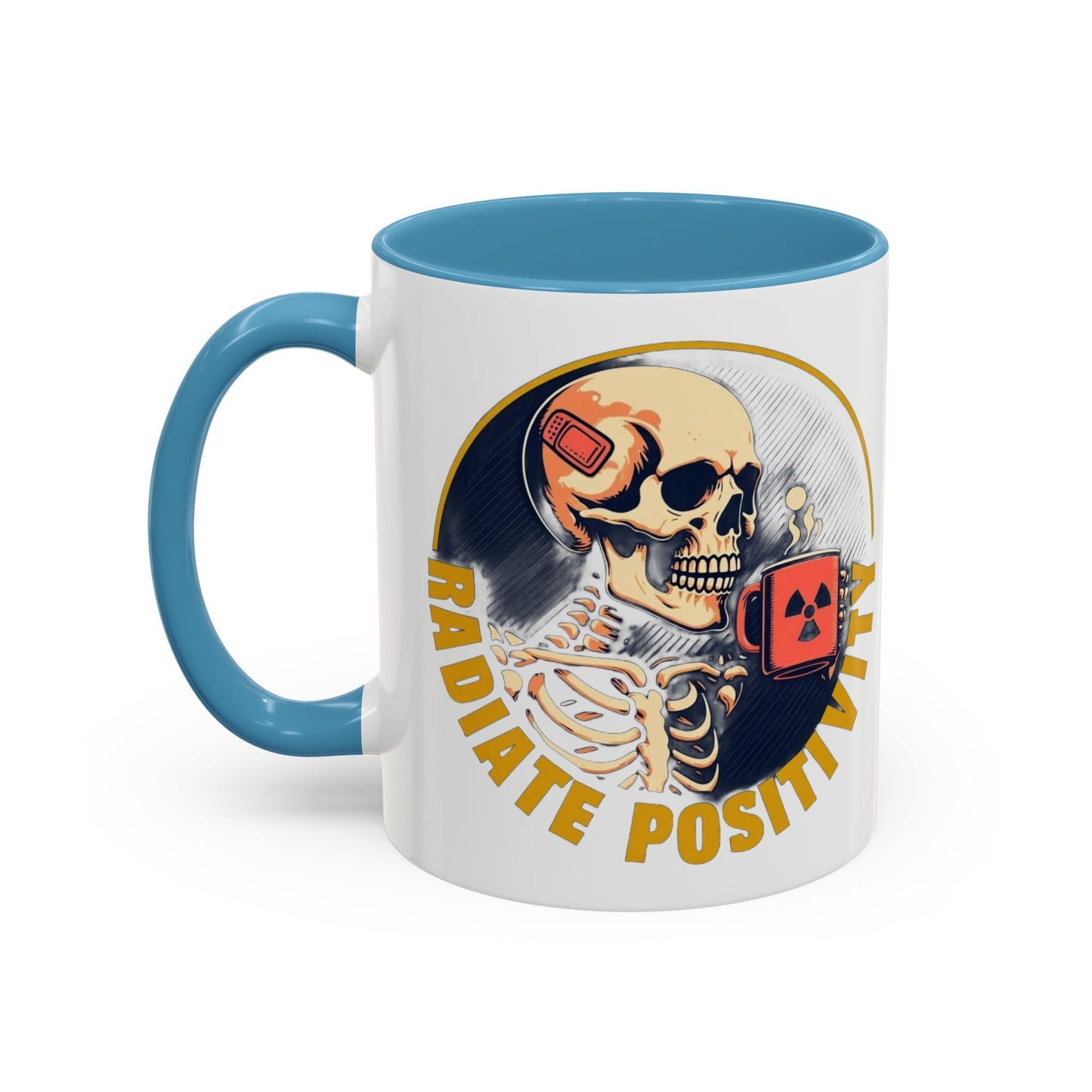 Coffee Mug - Navy Skeleton Sipping Red Mug with Radiation Symbol