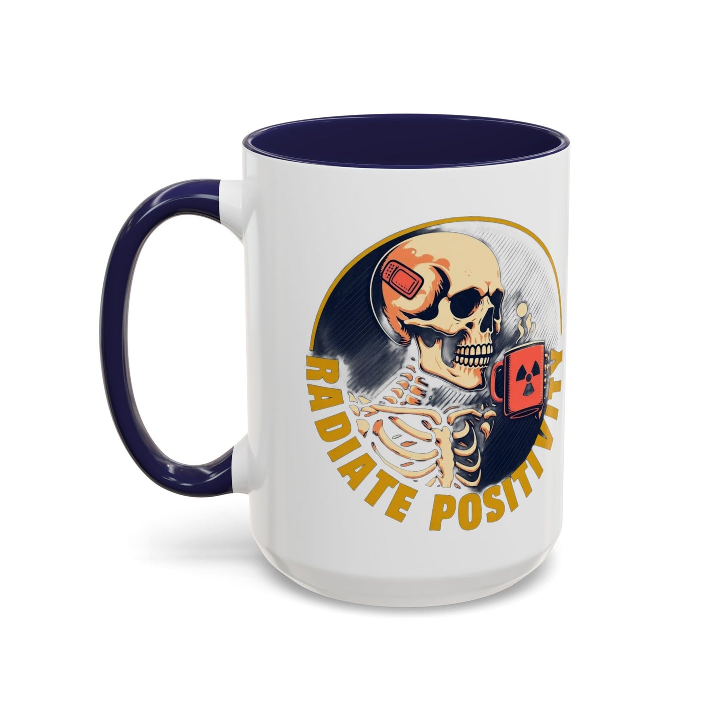 Coffee Mug - Navy Skeleton Sipping Red Mug with Radiation Symbol