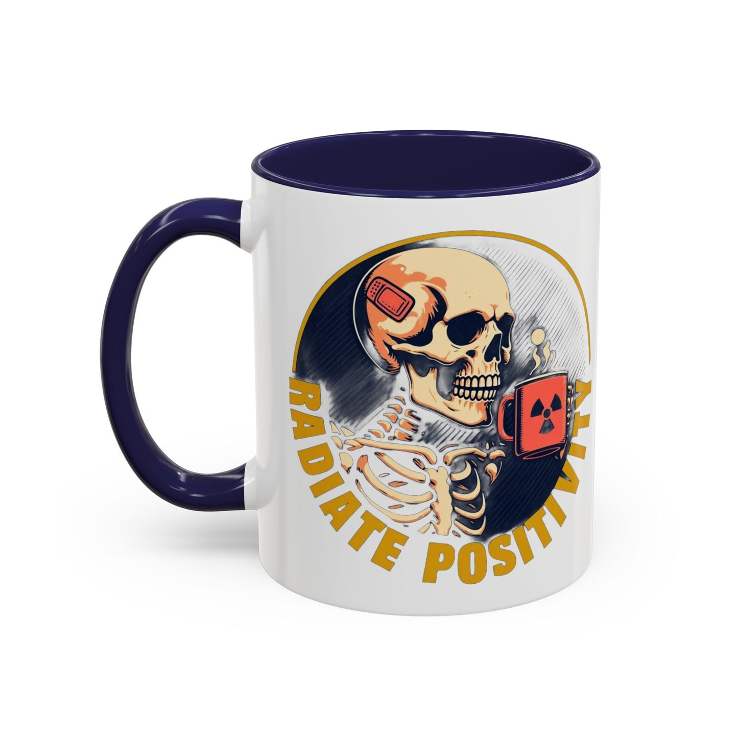 Coffee Mug - Navy Skeleton Sipping Red Mug with Radiation Symbol