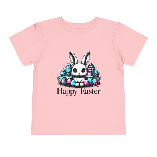 Happy Easter Toddler Tee - Cute Bunny and Colorful Eggs Design