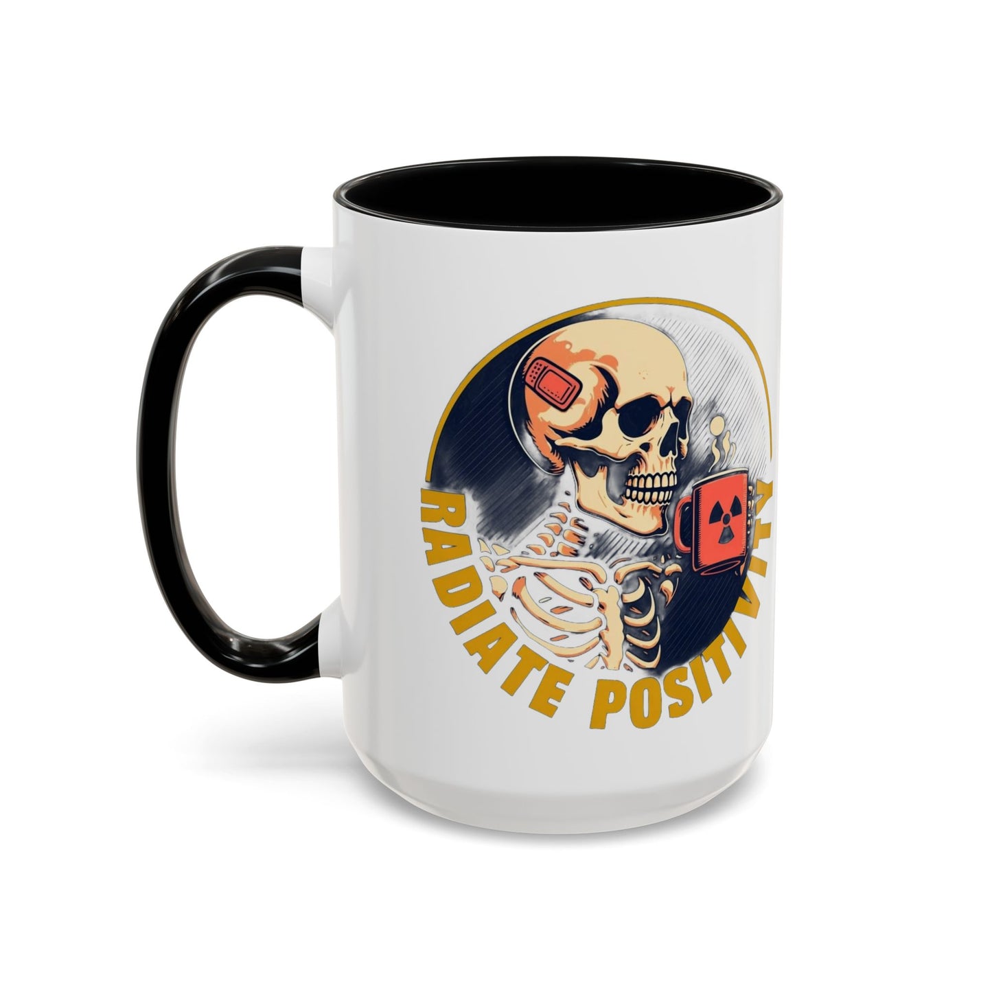 Coffee Mug - Navy Skeleton Sipping Red Mug with Radiation Symbol