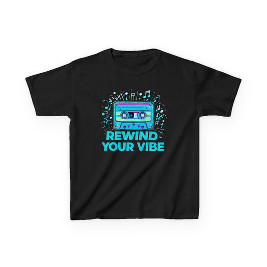 Kids Tee - Retro Cassette Tape Design with 'Rewind Your Vibes' Text